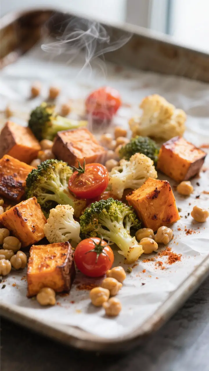 Close-up detail: Roasted sweet potato cubes, broccoli and cauliflower florets with crisp, caramelize