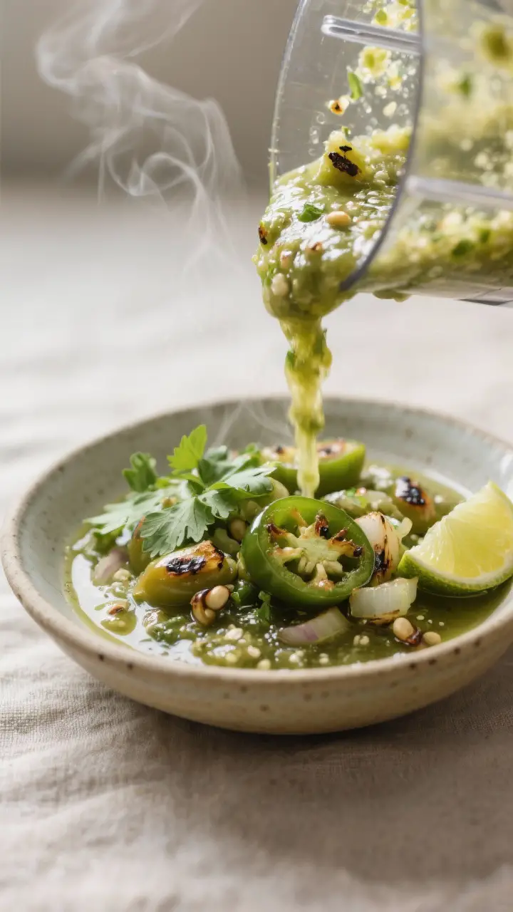 Close-up detail: Roasted tomatillo salsa verde mid-blend, poured from a blender into a shallow ceram
