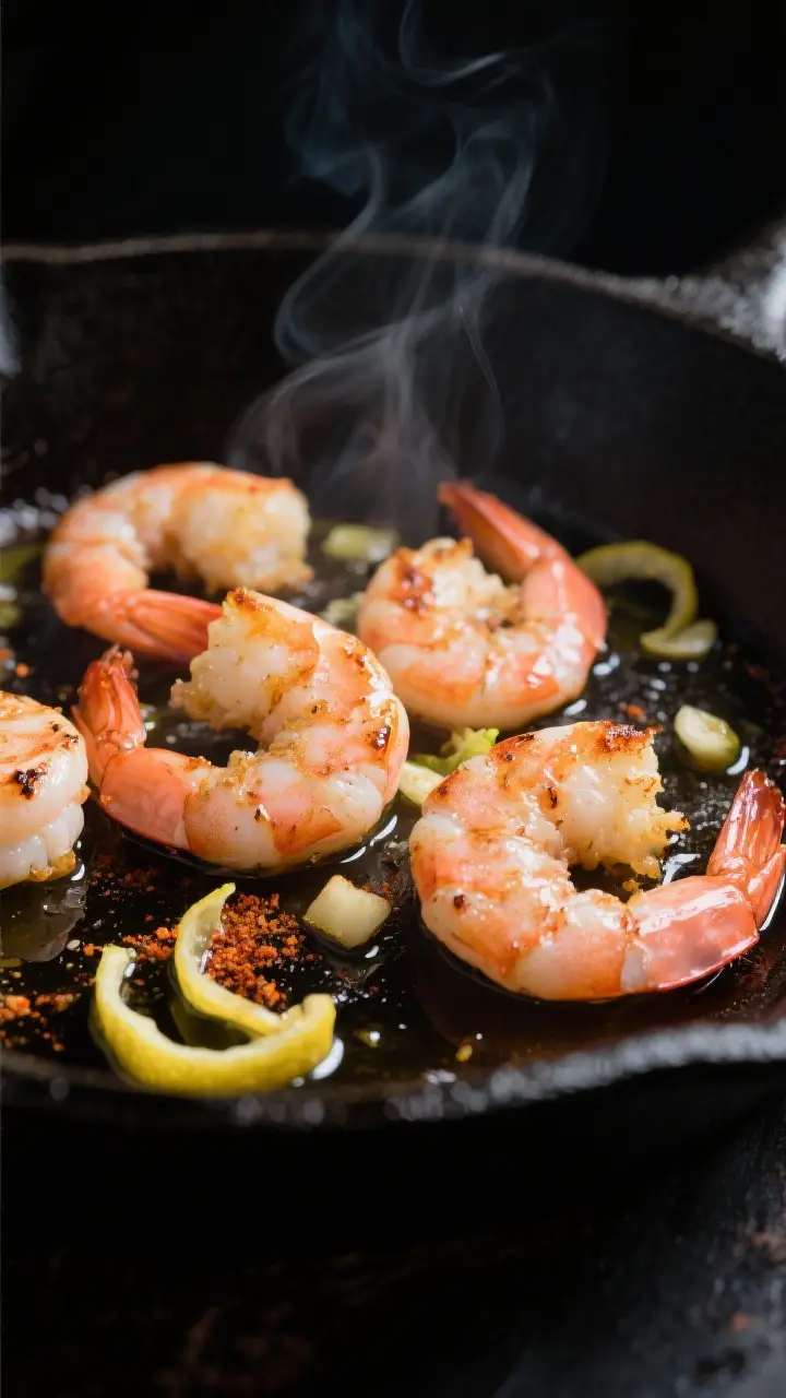 Close-up detail: Sautéed shrimp for Caesar salad sizzling in a black skillet, shrimp pink and sligh