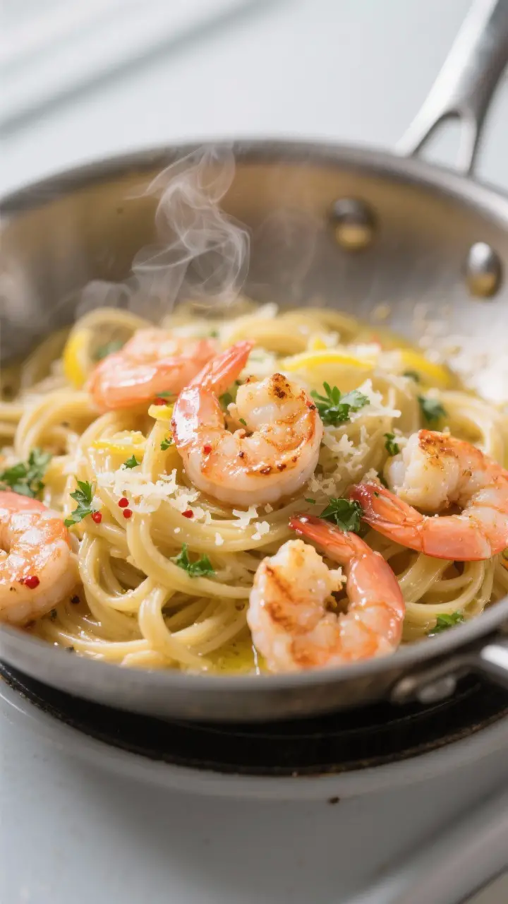 Close-up detail: Seared shrimp tossed back into glossy garlic-butter sauce with linguine, showing pi
