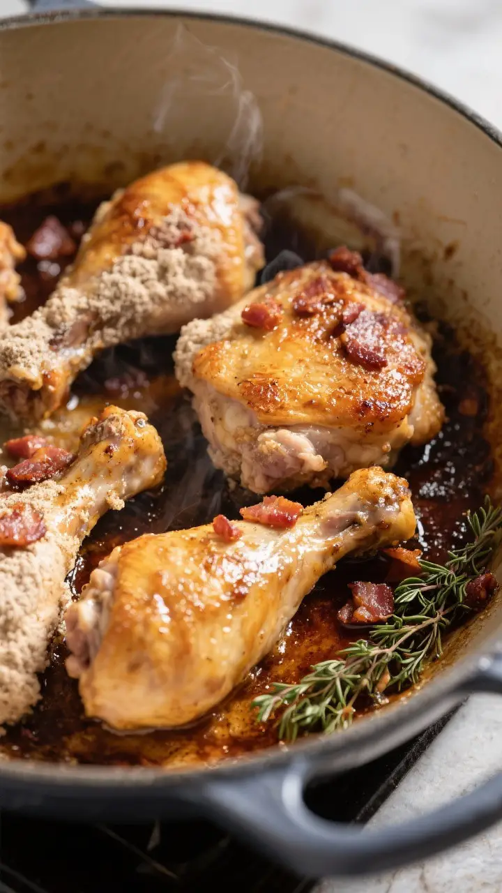 Close-up detail: Searing chicken thighs and drumsticks in a Dutch oven after a light flour dredge, s