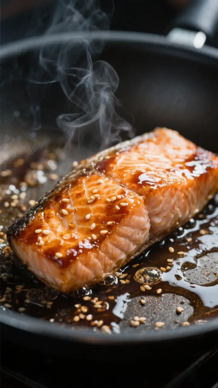 Close-up detail: Searing honey-soy glazed salmon fillets in a nonstick skillet, flesh side showing c