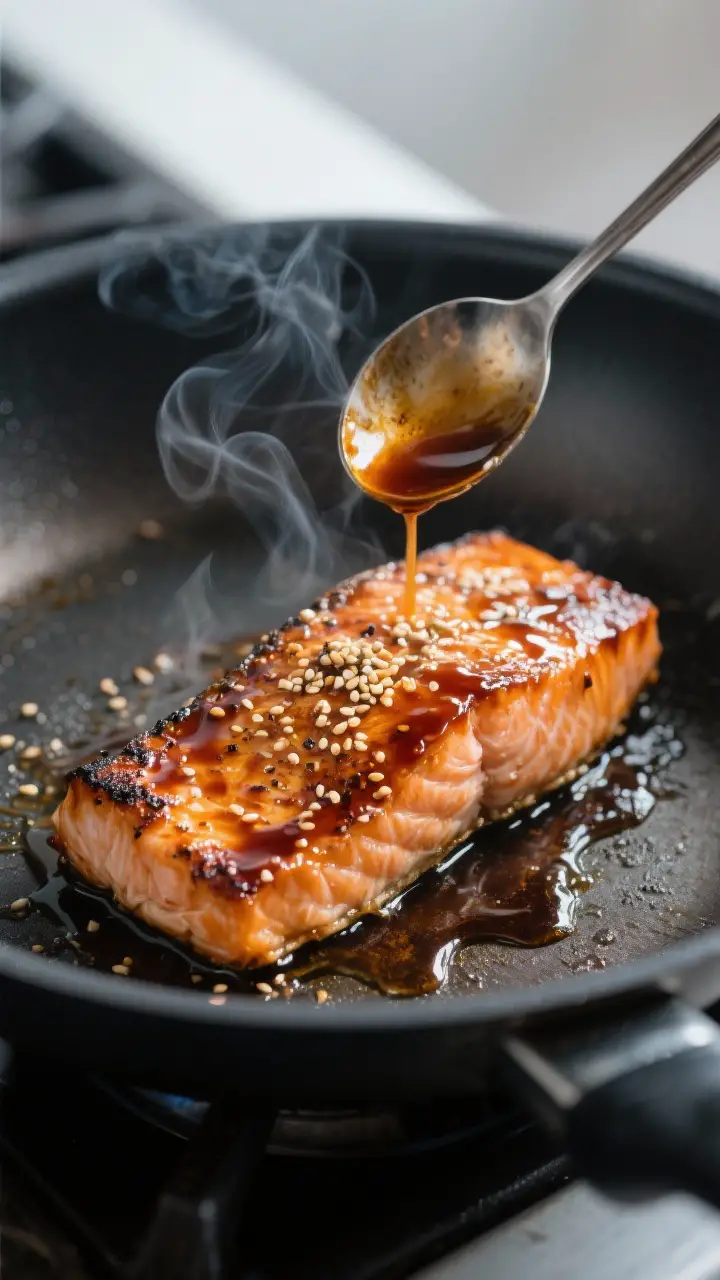 Close-up detail: Searing teriyaki salmon fillet in a nonstick skillet, mid-glaze, showing caramelize