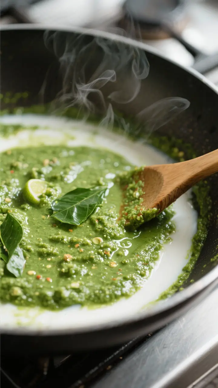 Close-up detail: Shallow-depth shot of green curry paste blooming in glossy coconut cream in a wide
