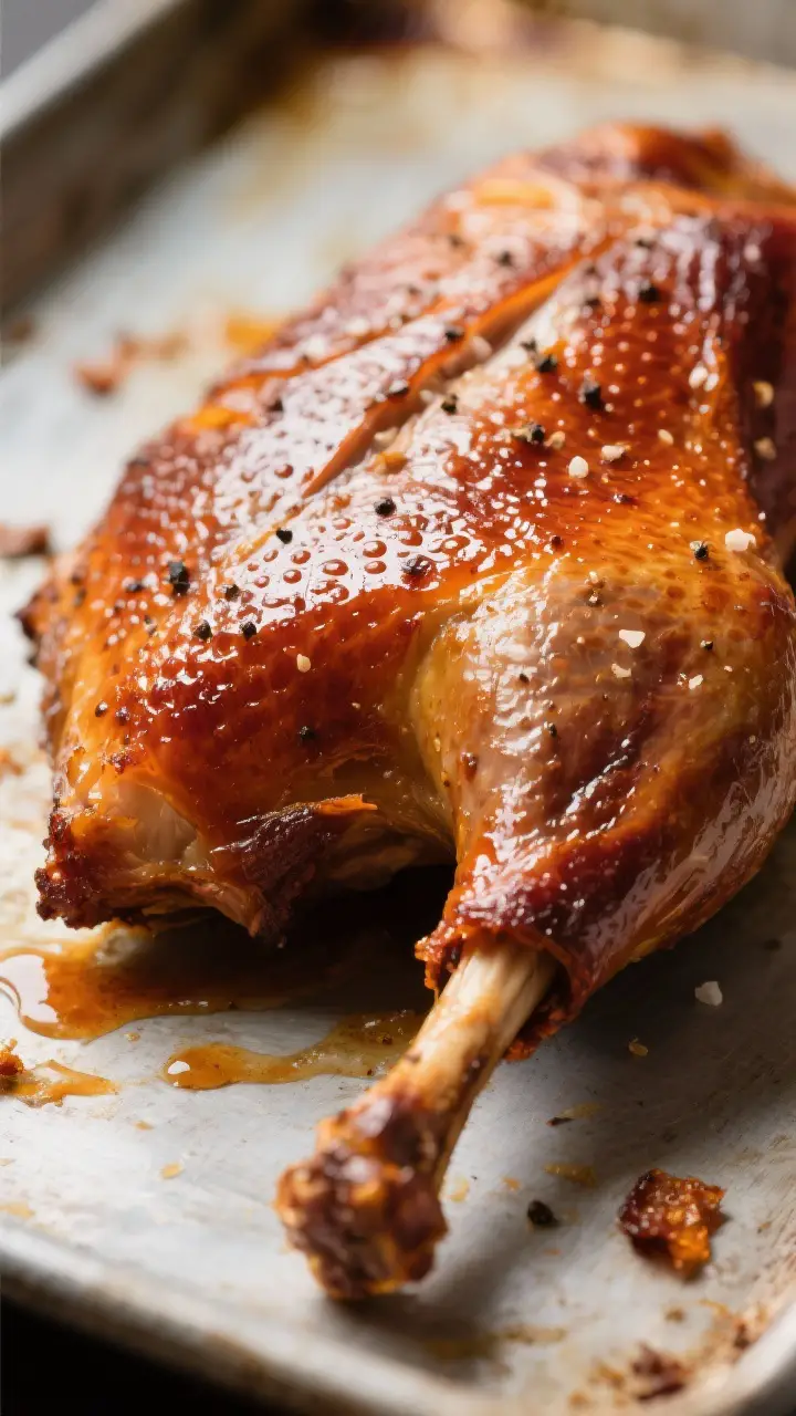 Close-up detail: Shatteringly crisp roast duck skin just out of the oven, deep golden mahogany with