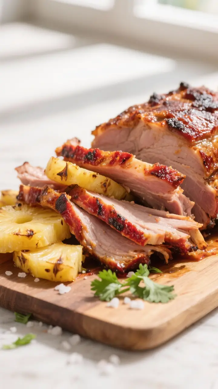 Close-up detail: Shaved oven-roasted al pastor pork fresh off the stacked roast, glistening with pin