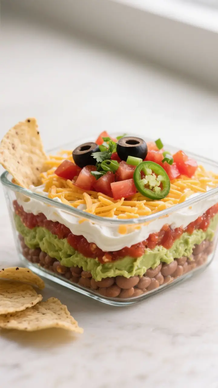 Close-up detail shot: A clear glass 8x8 dish with perfectly defined layers of Seven Layer Dip—seas