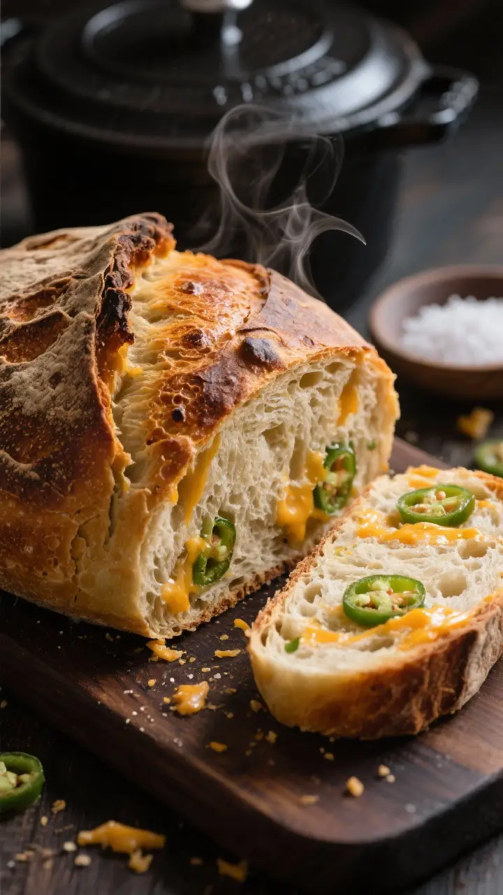 Close-up detail shot: A freshly baked jalapeño cheddar sourdough loaf just out of a Dutch oven, cru