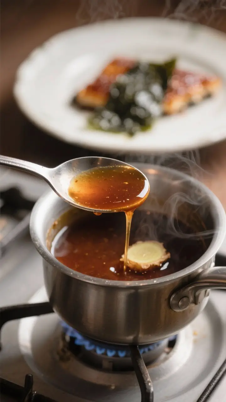 Close-up detail shot: A glossy stream of homemade unagi (eel) sauce coating the back of a stainless