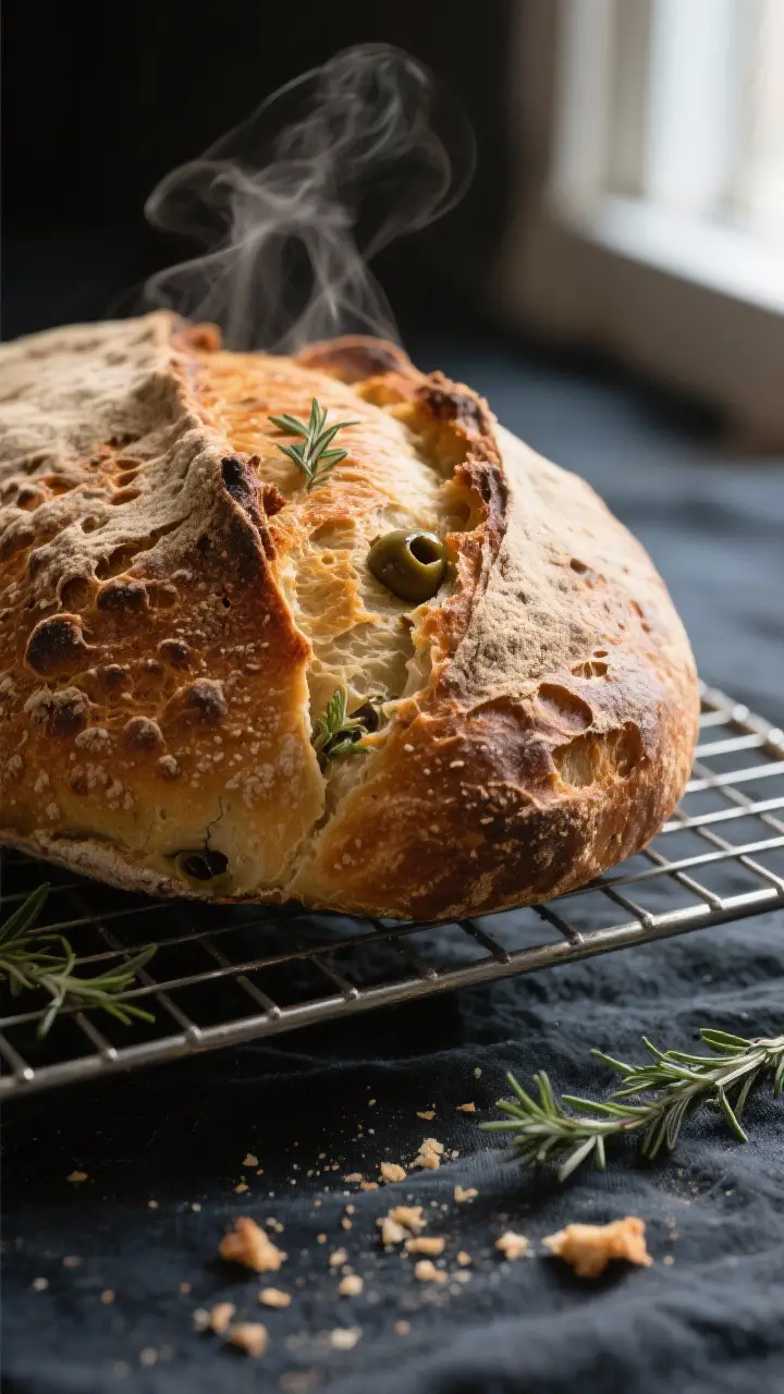 Close-up detail shot: A just-baked olive and thyme sourdough loaf resting on a wire rack, crust deep