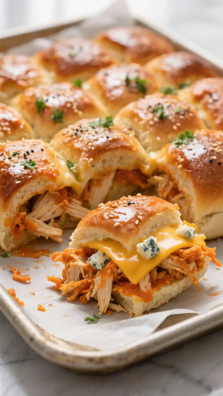 Close-up detail shot: A just-baked sheet of Buffalo chicken pull-apart sliders on a parchment-lined