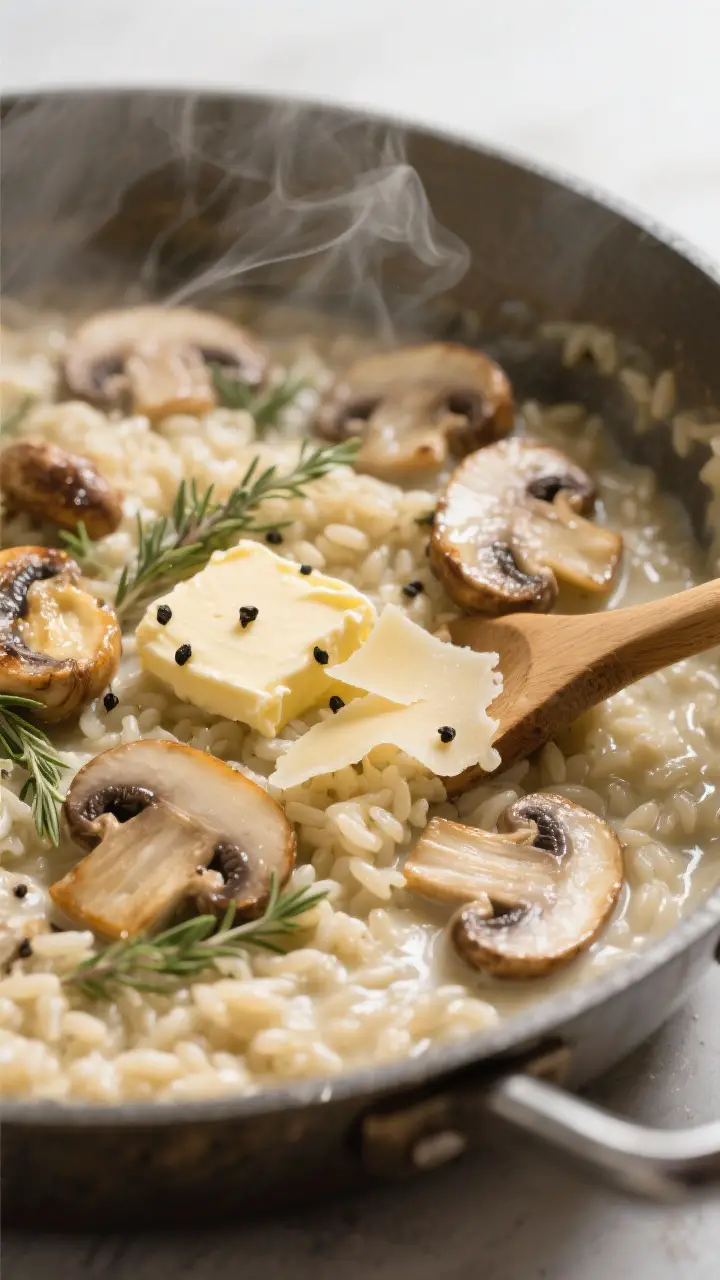 Close-up detail shot: Creamy mushroom risotto mid-stir in a wide, heavy pot, showing glossy, flowing