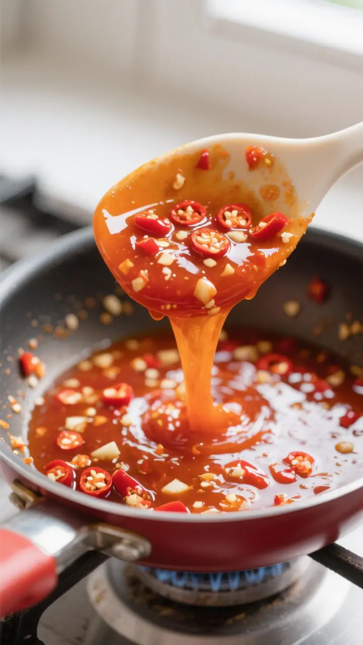 Close-up detail shot: Glossy Thai sweet chili sauce just after thickening, shimmering in a small sau