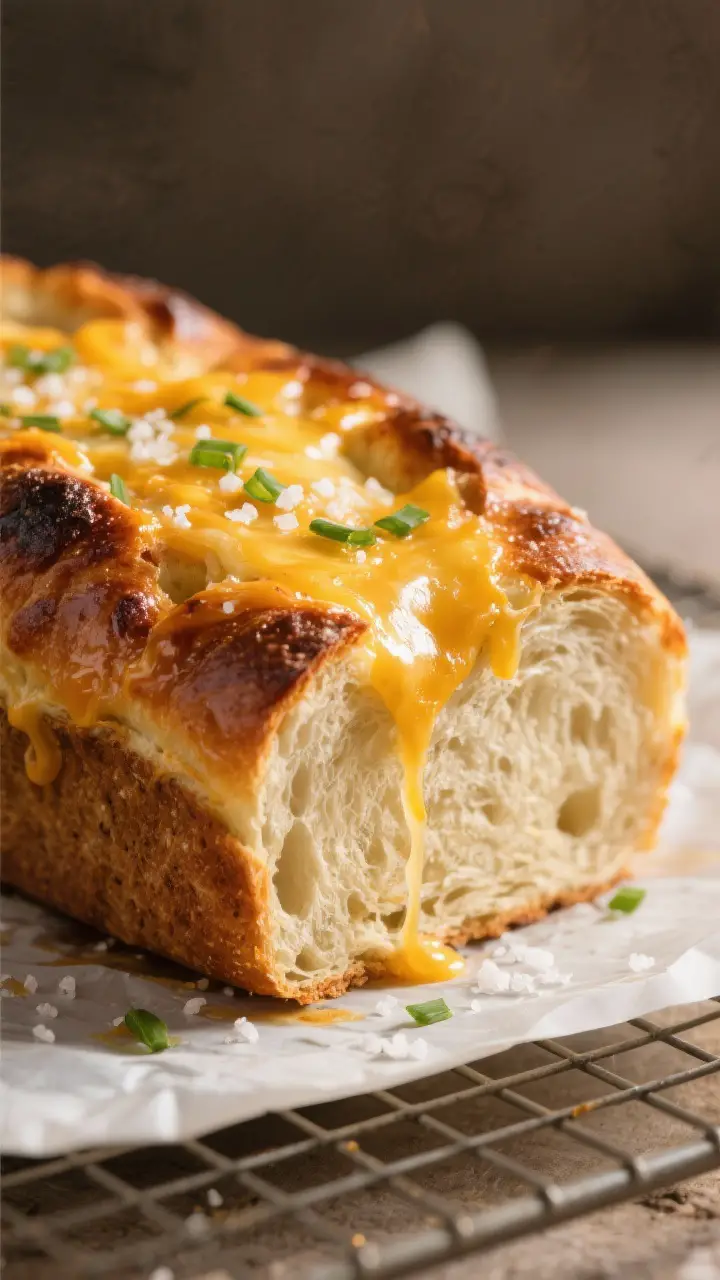 Close-up detail shot of a freshly baked Potato Cheese Bread loaf just out of the oven, deep golden c