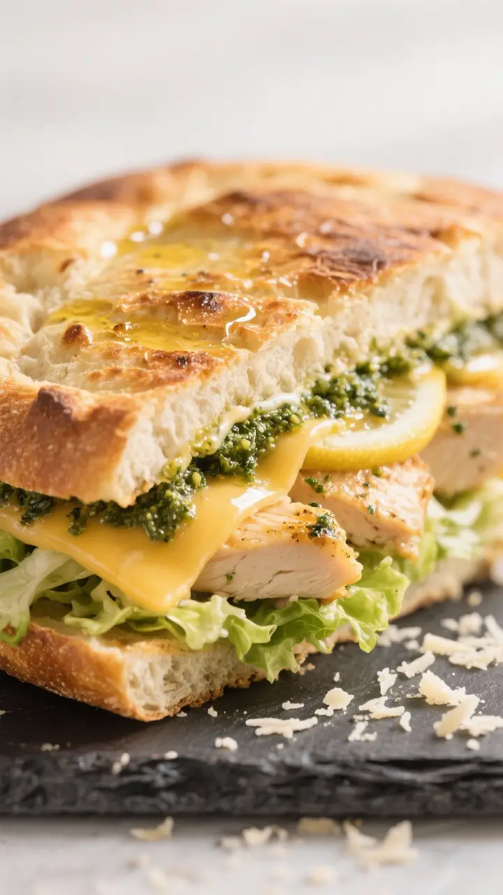 Close-up detail shot of a pressed Caesar Salad Chicken Pesto Panini just off the grill, showing gold