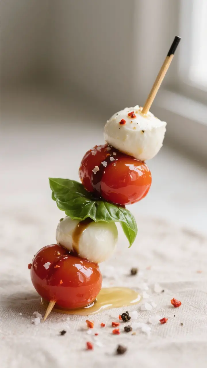 Close-up detail shot of finished Caprese skewers just after assembly: glossy cherry tomatoes, folded