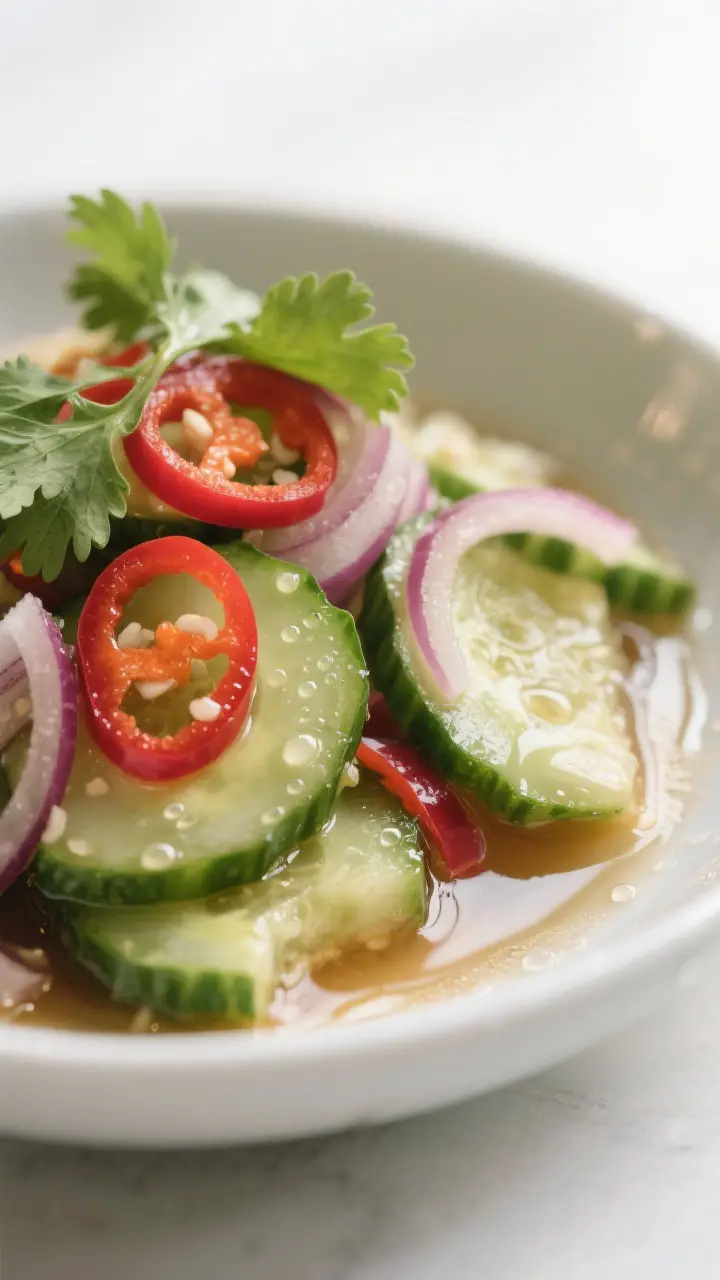 Close-up detail shot of finished Thai cucumber relish (Ajad) just after the 10–15 minute rest: glo