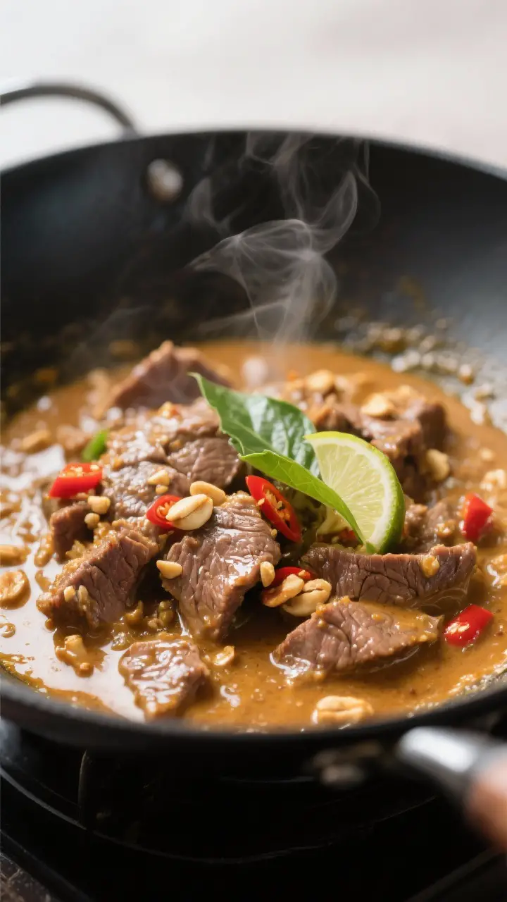 Close-up detail shot of Gaeng Panang mid-reduction in a dark wok: thin-sliced beef coated in a gloss