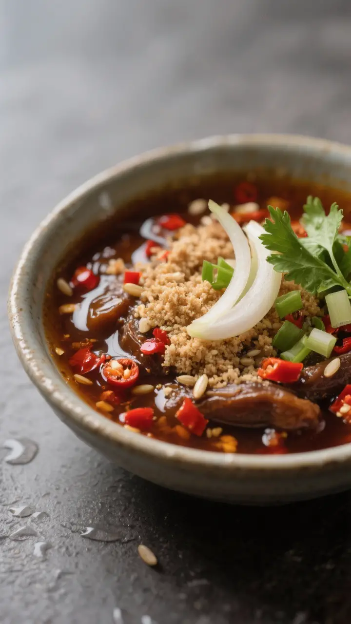 Close-up detail shot of Nam Jim Jaew just mixed, showing glossy, deep amber-brown tamarind base flec