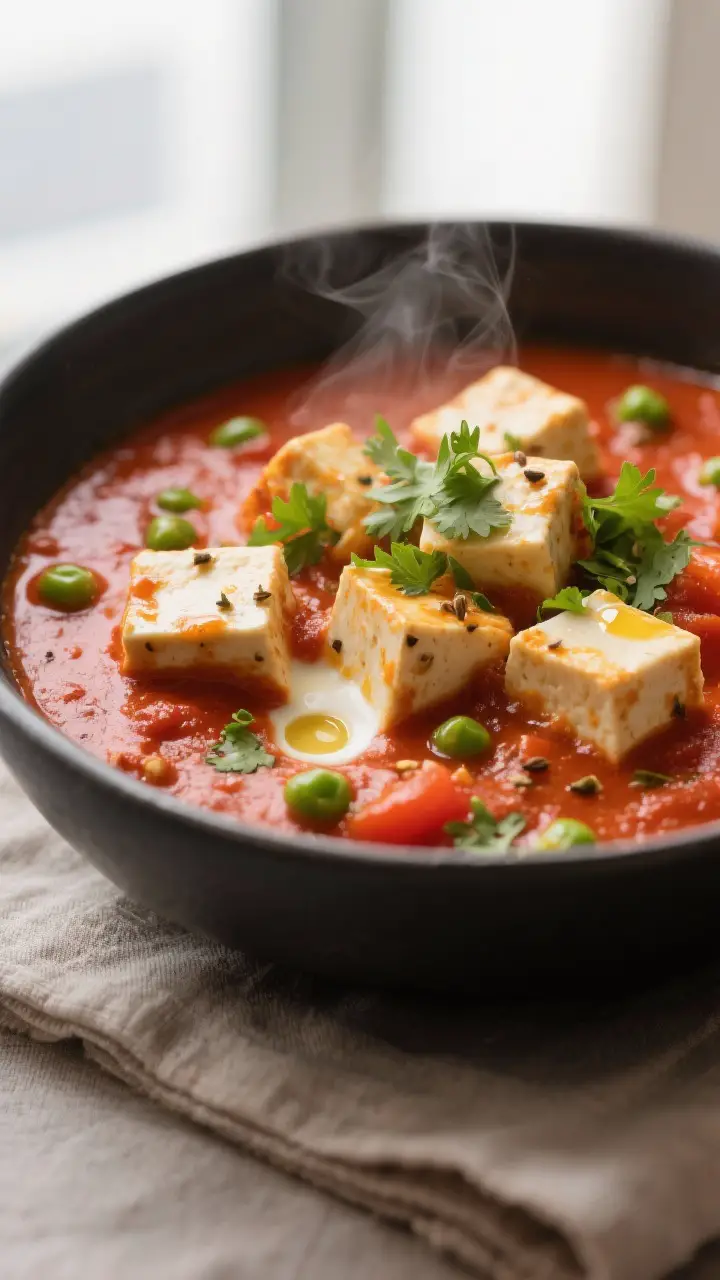 Close-up detail shot of tender paneer cubes nestled in a silky tomato-pea gravy just after adding cr