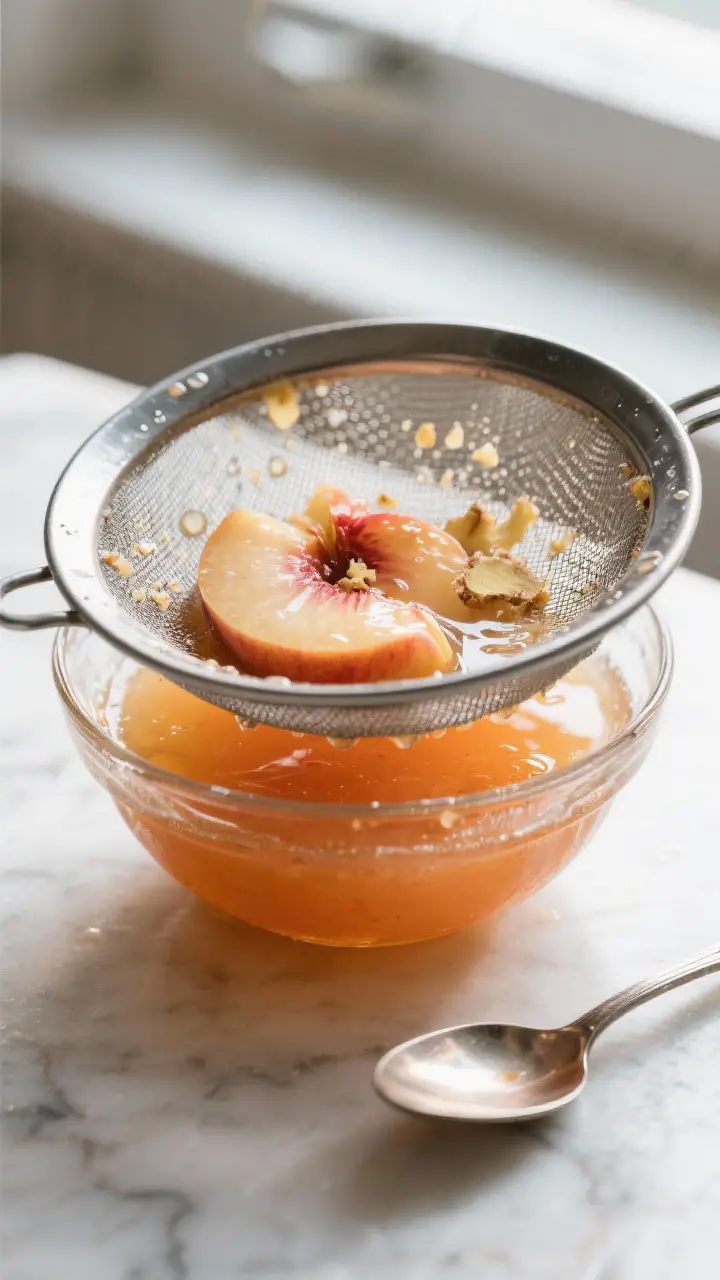Close-up detail shot of the peach-ginger base just after straining: a glossy, sunset-orange syrup po