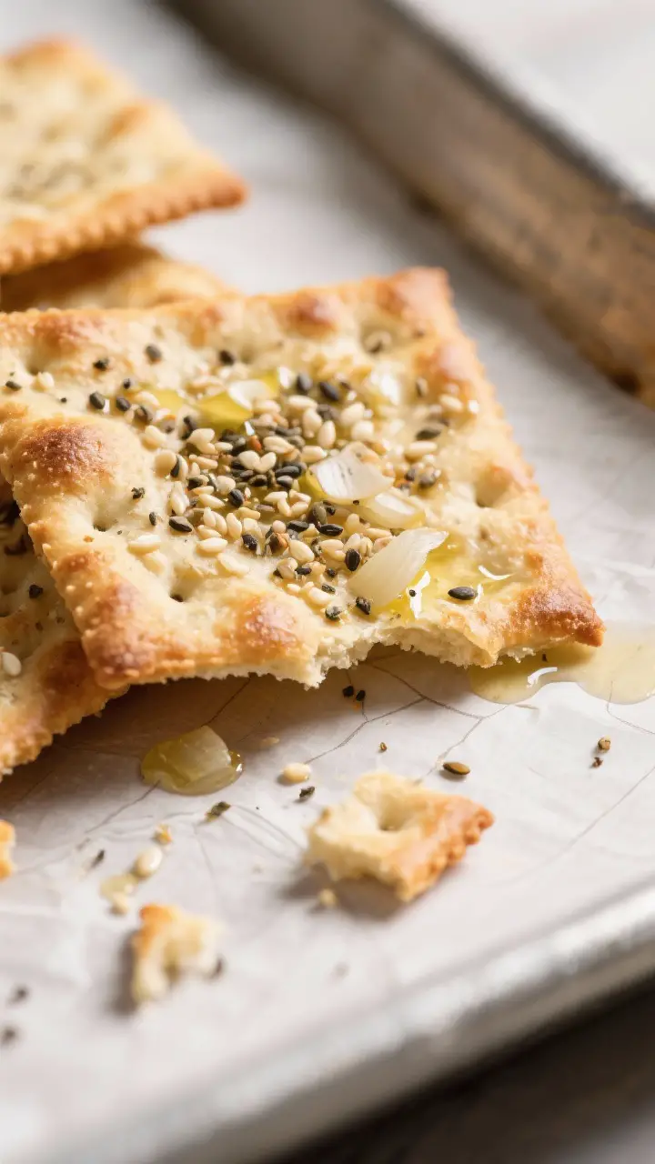 Close-up detail shot: Paper-thin sourdough discard crackers just out of the oven, edges deep golden 