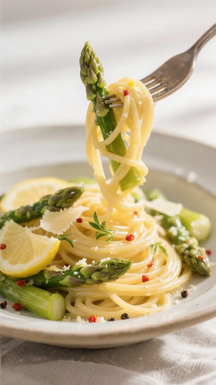 Close-up detail shot: Silky lemon-asparagus pasta twirled on a fork above a shallow bowl, glossy sau