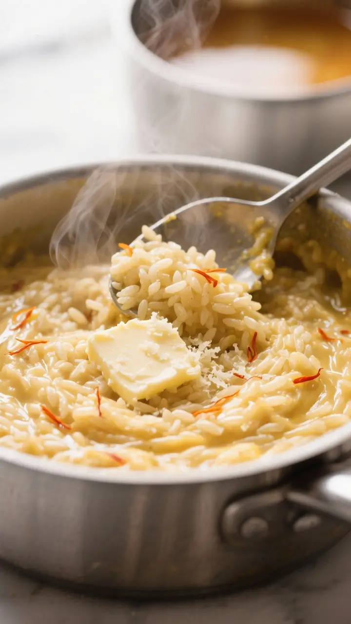 Close-up detail shot: Silky Risotto alla Milanese during mantecatura, grains of Carnaroli glistening