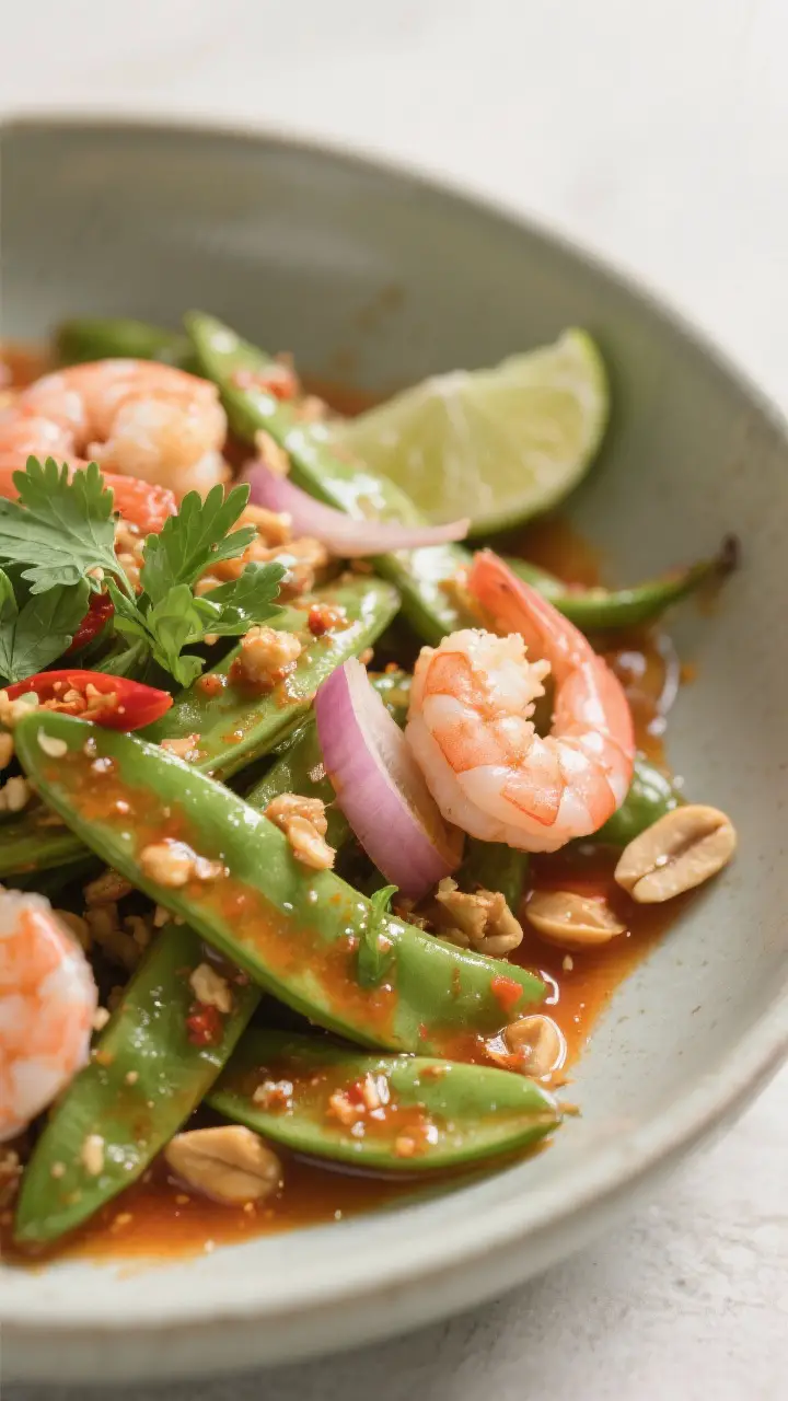 Close-up detail shot: Sliced, blanched winged beans tossed in glossy coconut–roasted chili paste d