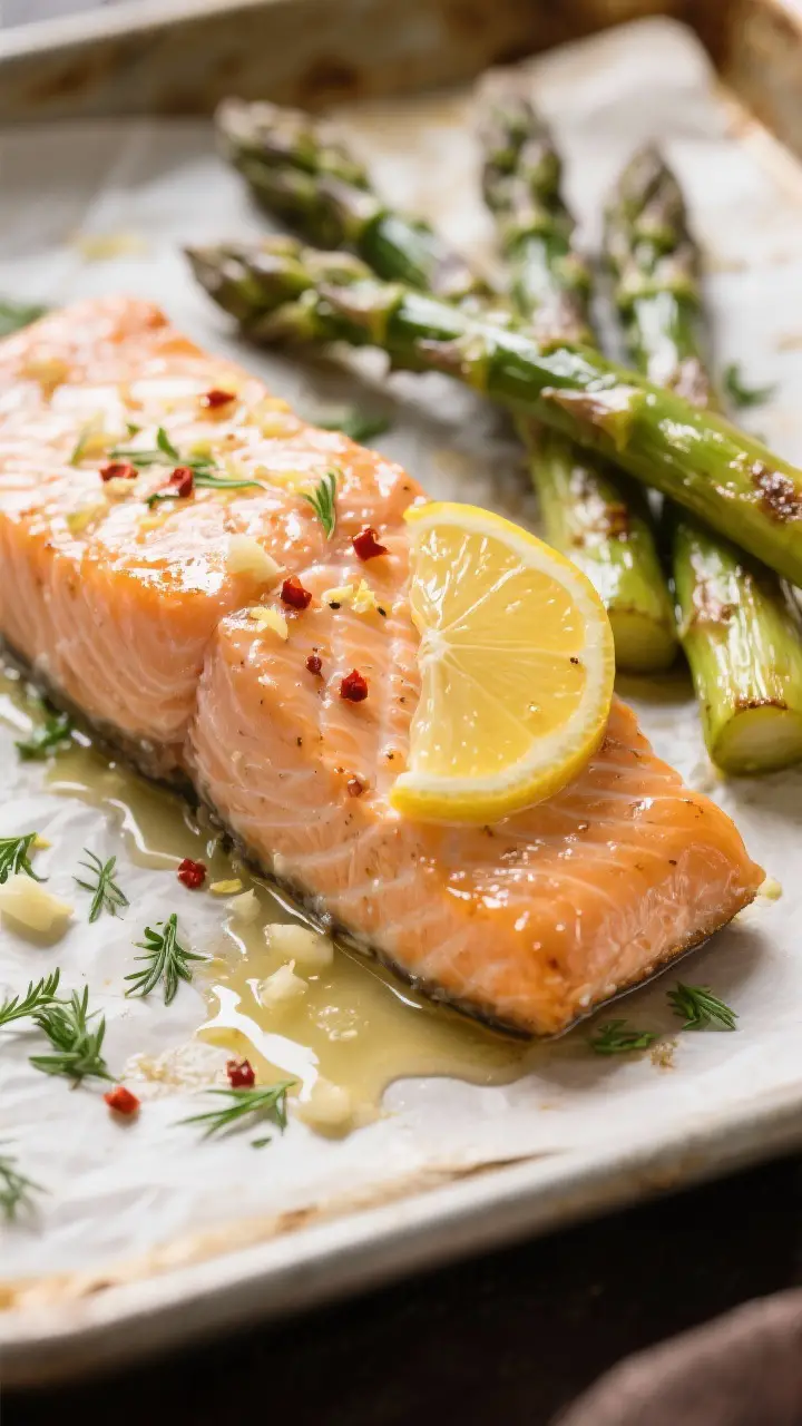 Close-up detail shot: Tender, flaky salmon fillet just out of the oven, brushed with glossy lemon-ga