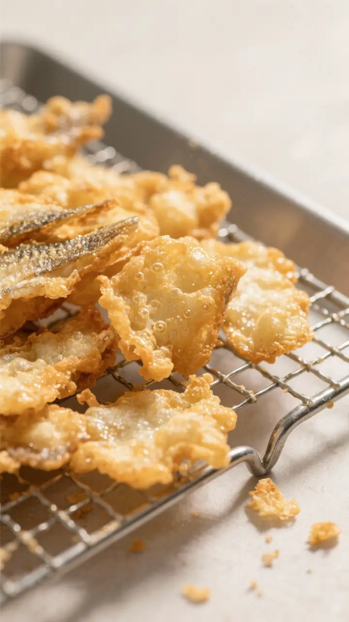 Close-up detail shot: Ultra-crispy, puffed shards of fried flaked catfish just out of the oil, resti