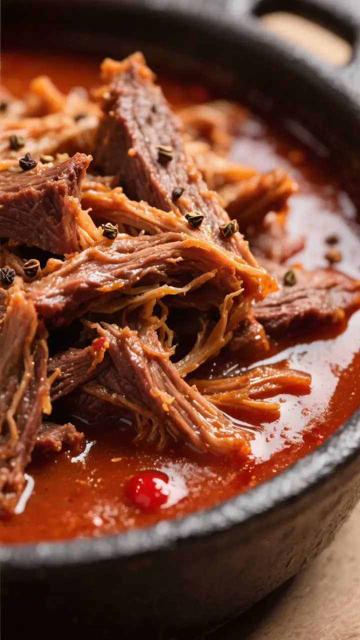 Close-up detail: Shredded birria de res just pulled from the pot, glistening and tender with visible