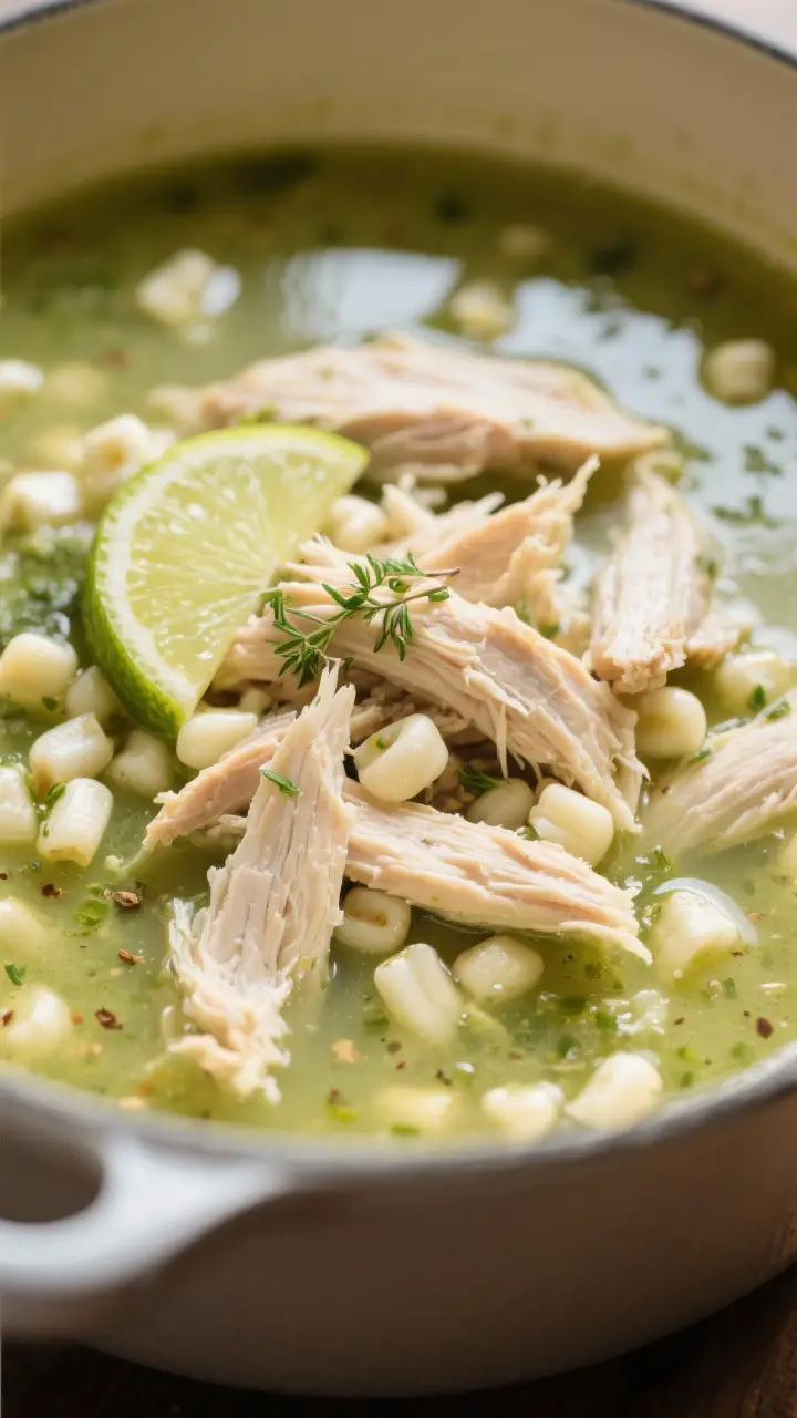 Close-up detail — shredded chicken and hominy in broth: A tight, shallow-focus shot inside the pot