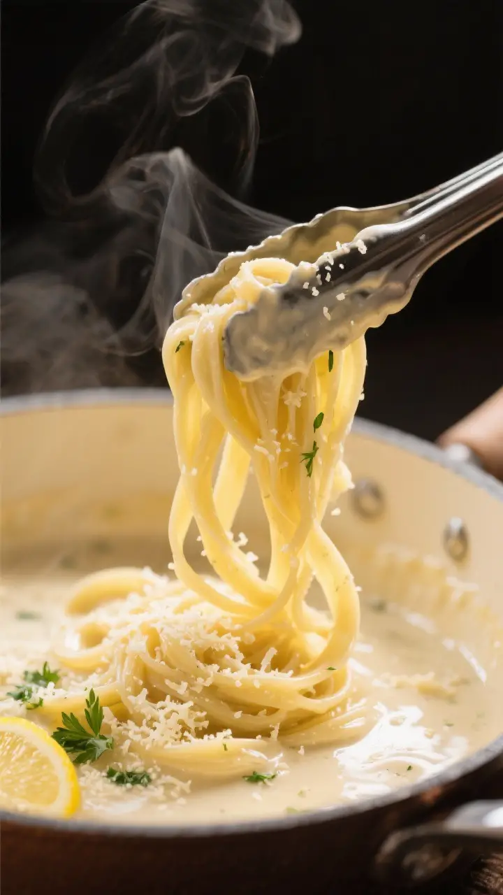 Close-up detail — Silky Alfredo sauce finish: tight macro of tongs lifting fettuccine coated in ul
