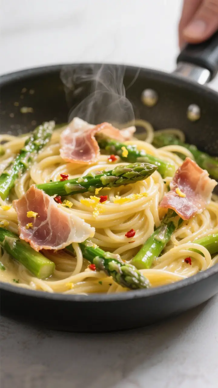 Close-up detail: Silky asparagus and prosciutto pasta mid-toss in a skillet, showing glossy emulsifi