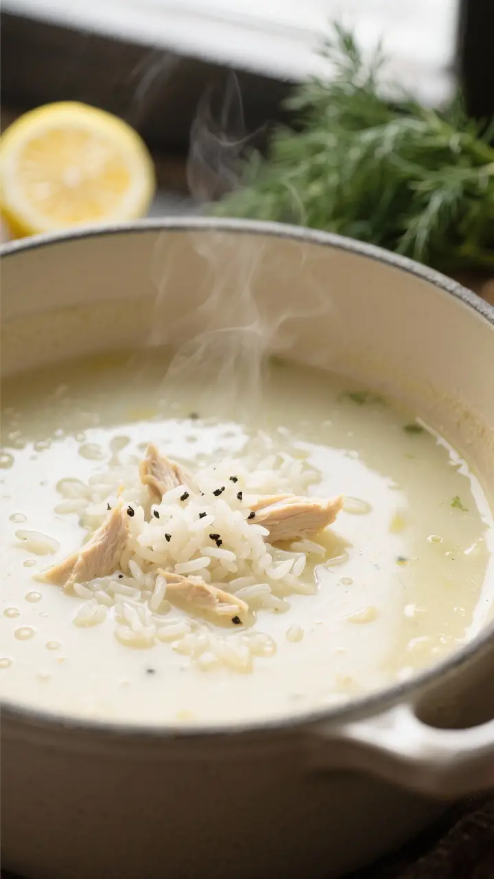 Close-up detail: Silky avgolemono just after tempering, with tender grains of white rice and shreds