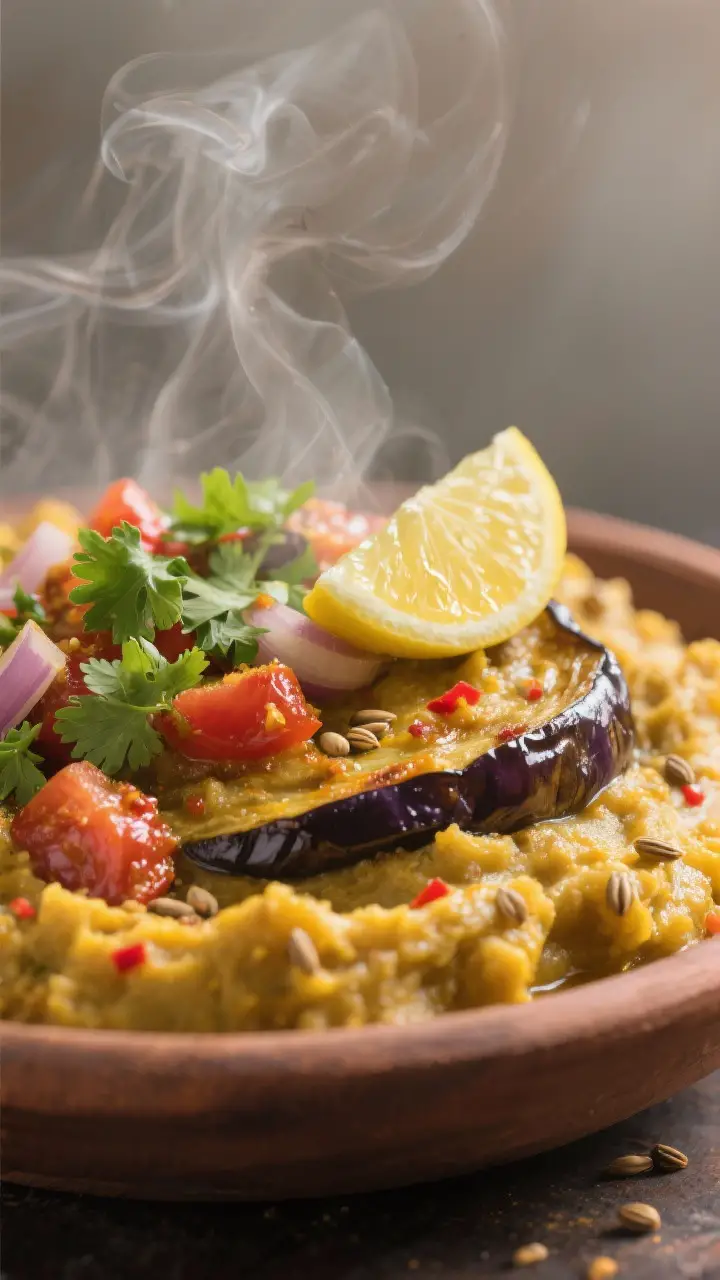 Close-up detail: Silky baingan bharta just after folding in the roasted mashed eggplant with the glo