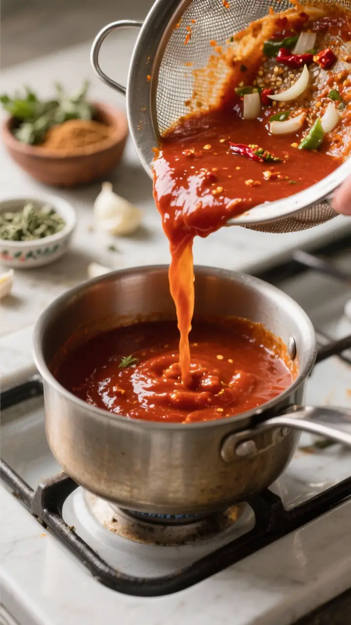 Close-up detail: Silky red enchilada sauce being pressed through a fine-mesh strainer back into a sm