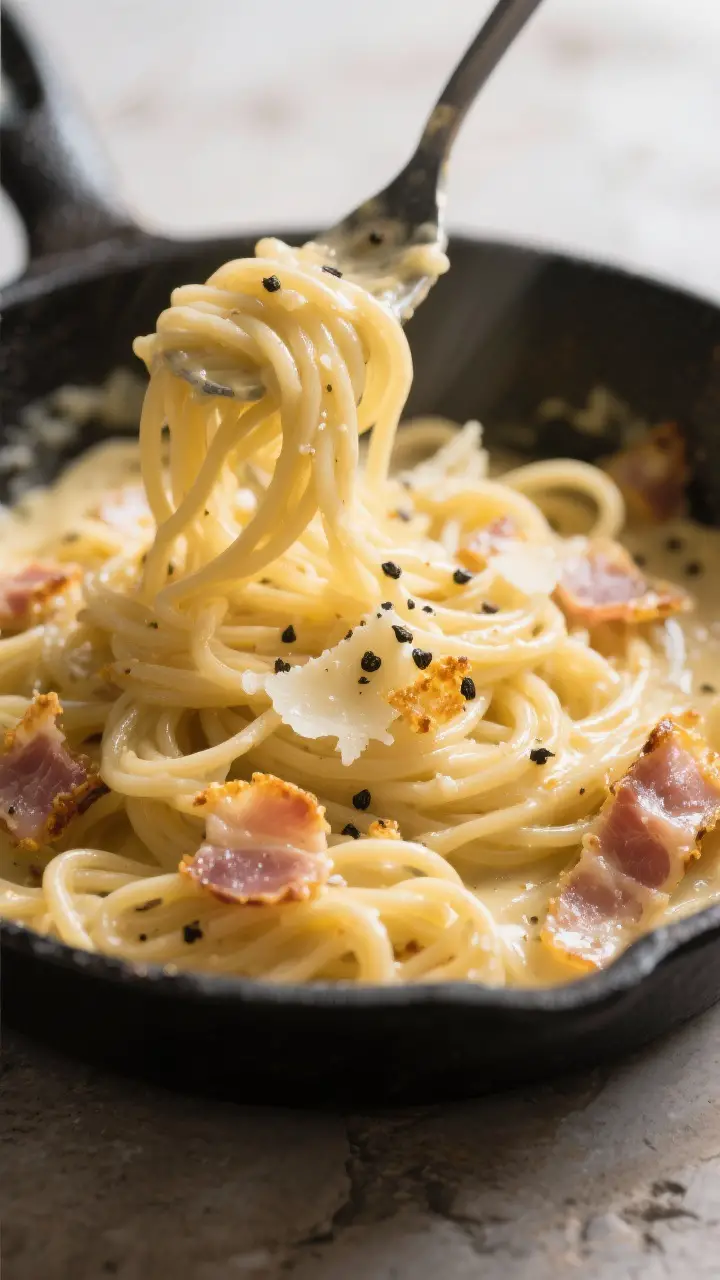 Close-up detail: Silky spaghetti carbonara being tossed off-heat in a wide skillet, glossy egg-and-P