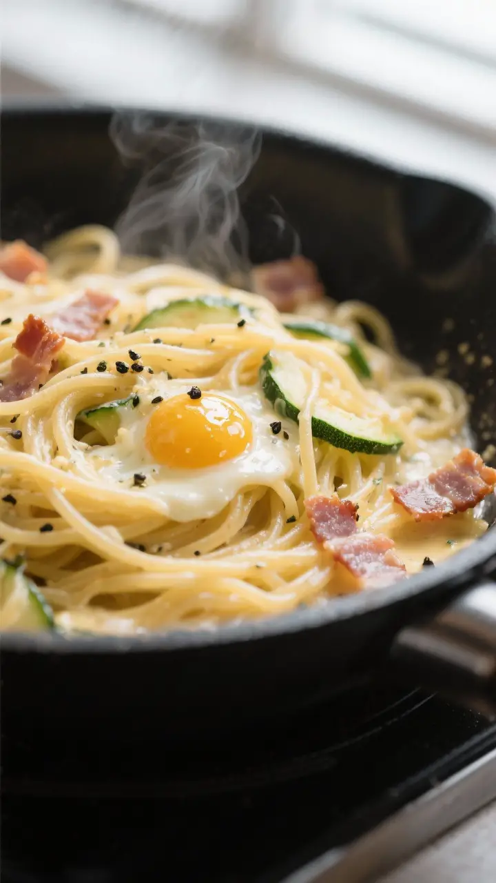 Close-up detail: Silky strands of spaghetti carbonara being tossed off-heat in a black skillet, egg-