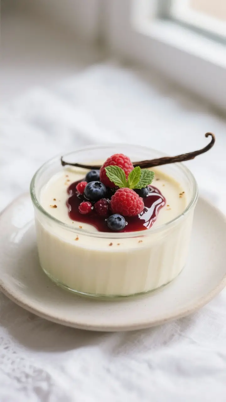 Close-up detail: Silky vanilla panna cotta just set in a glass ramekin, topped with a glossy, seedle