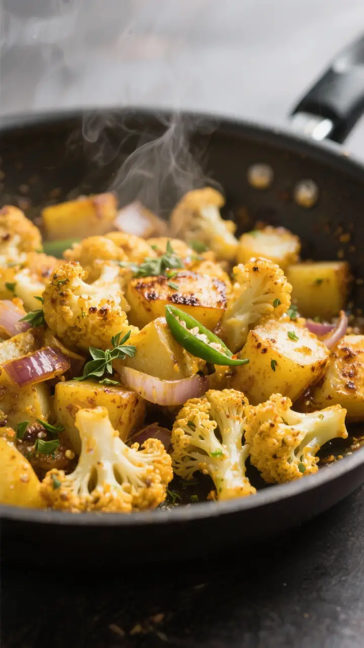 Close-up detail: Sizzling Aloo Gobi in a wide skillet during the “dry it out” stage, showing lig