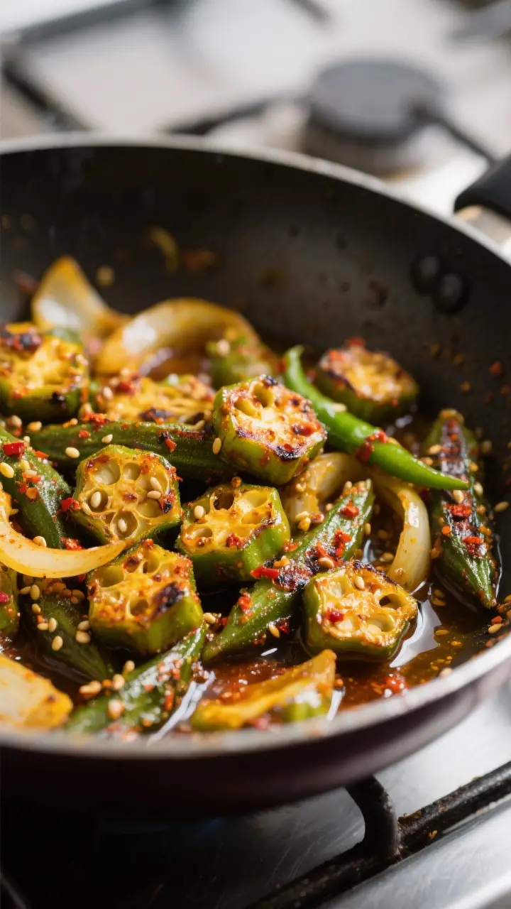 Close-up detail: Sizzling bhindi masala mid-cook in a wide skillet, showing seared, lightly crisp ok