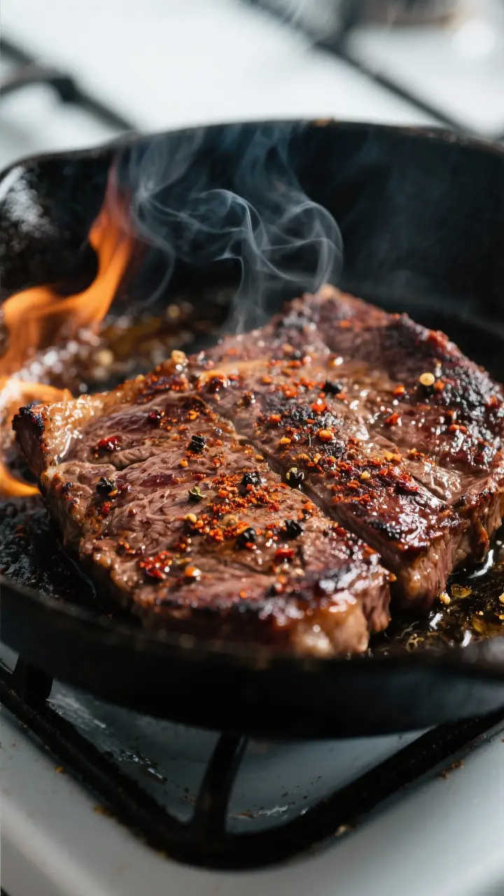 Close-up detail: Sizzling carne asada in a cast-iron skillet, mid-sear at high heat with deep mahoga