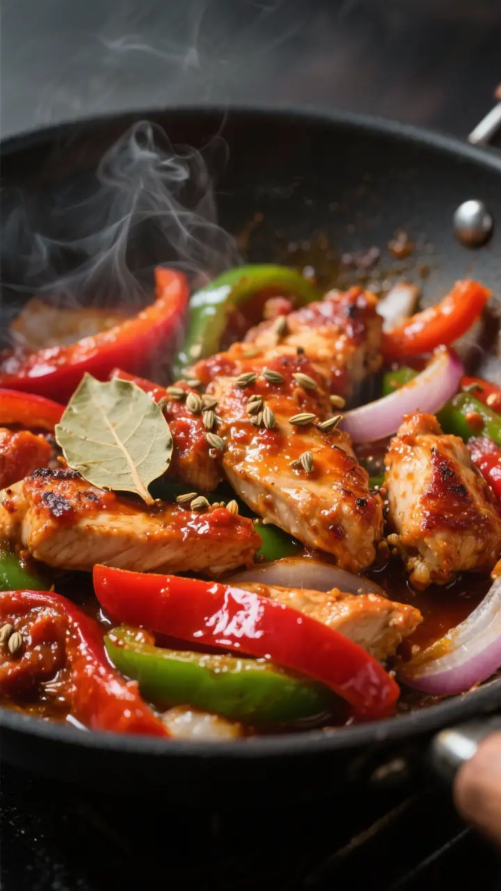 Close-up detail: Sizzling Chicken Jalfrezi mid-cook in a wok, showing seared chicken strips glazed w
