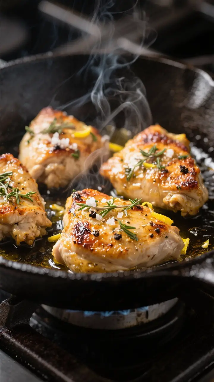 Close-up detail: Sizzling Greek-marinated chicken pieces finishing in a cast-iron skillet, golden-br