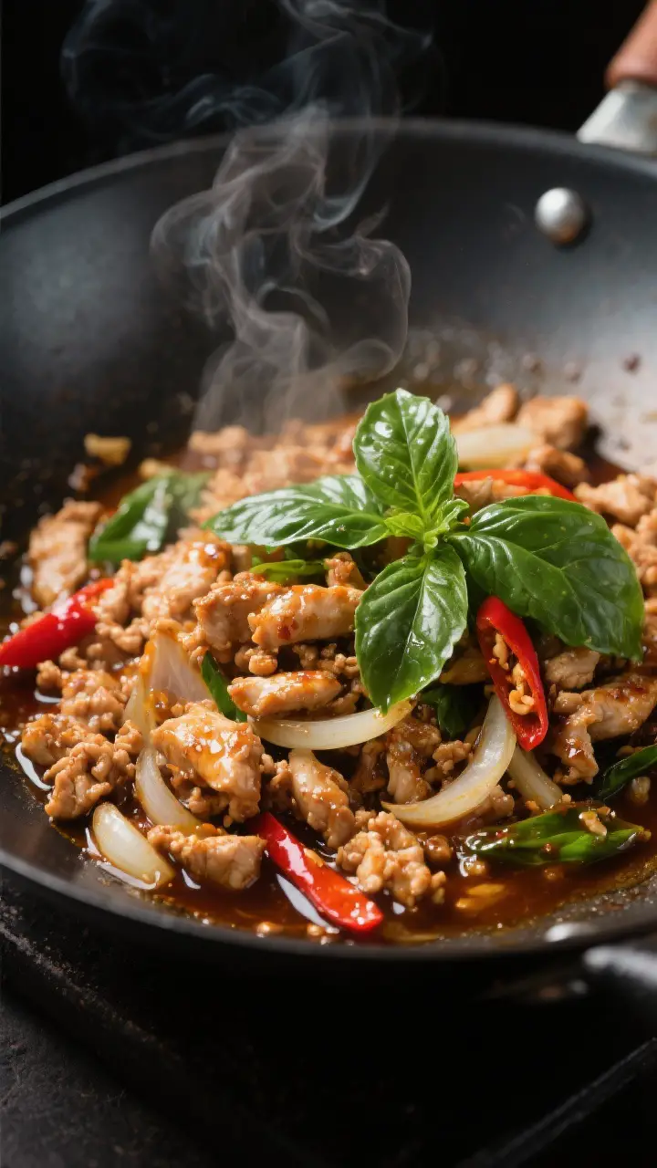 Close-up detail: Sizzling Thai basil chicken in a wok right after the sauce hits the pan—ground ch