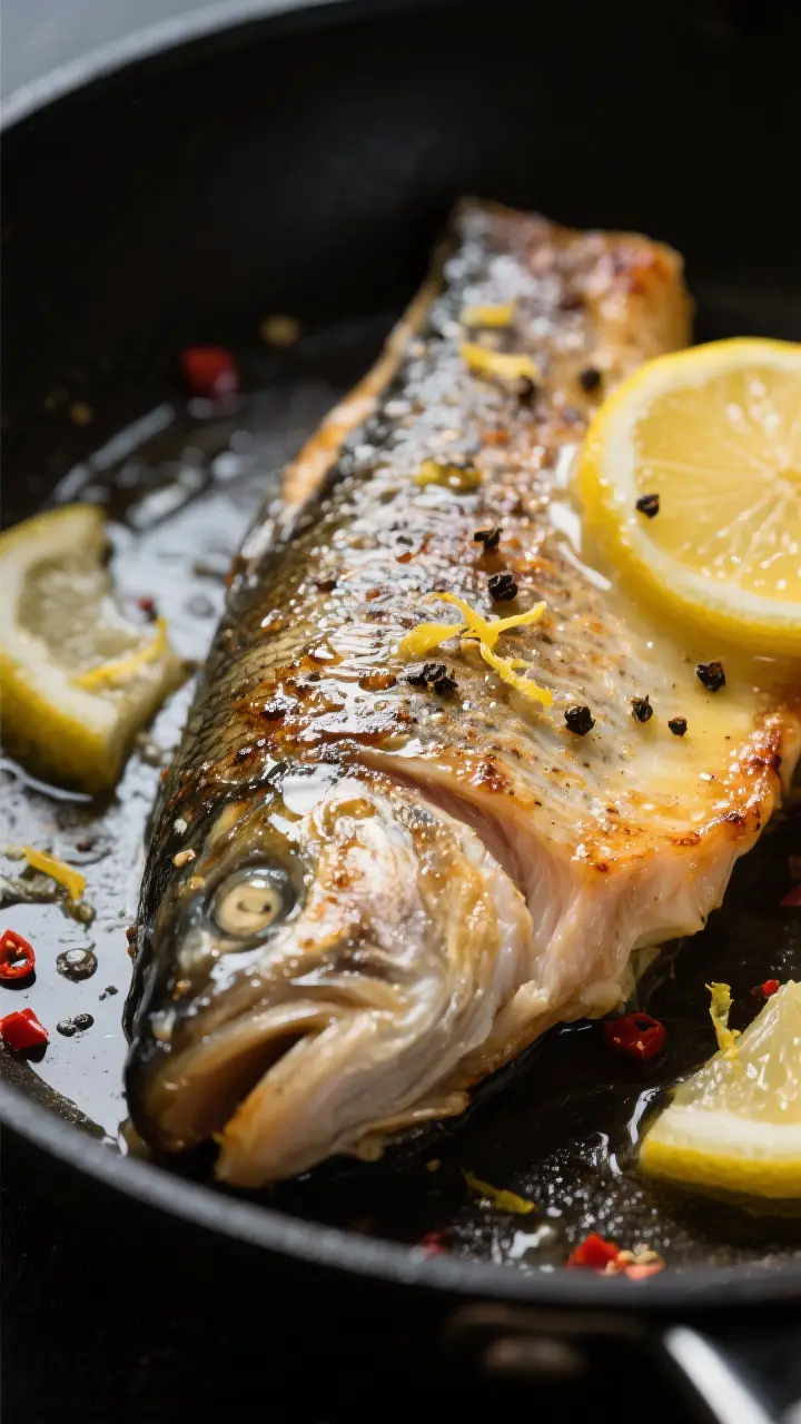Close-up detail: Skin-on lemon pepper trout just after searing, skin-side up in a hot skillet, showi
