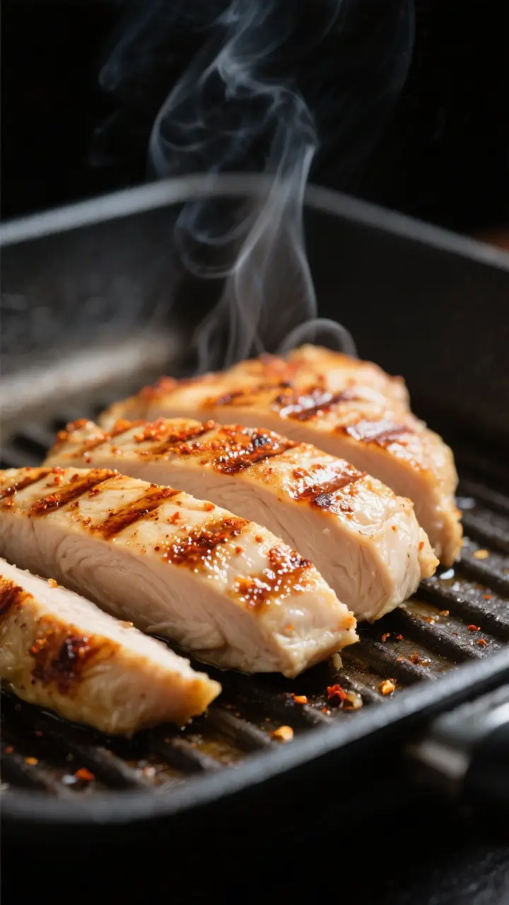 Close-up detail: Sliced grilled chicken breast resting on a warm grill pan, juicy interior with clea