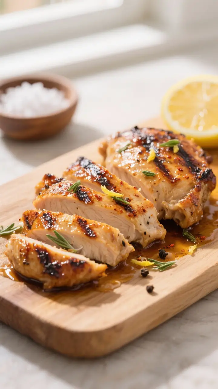 Close-up detail: Sliced grilled Greek-marinated chicken thighs resting on a wooden board, juices gli